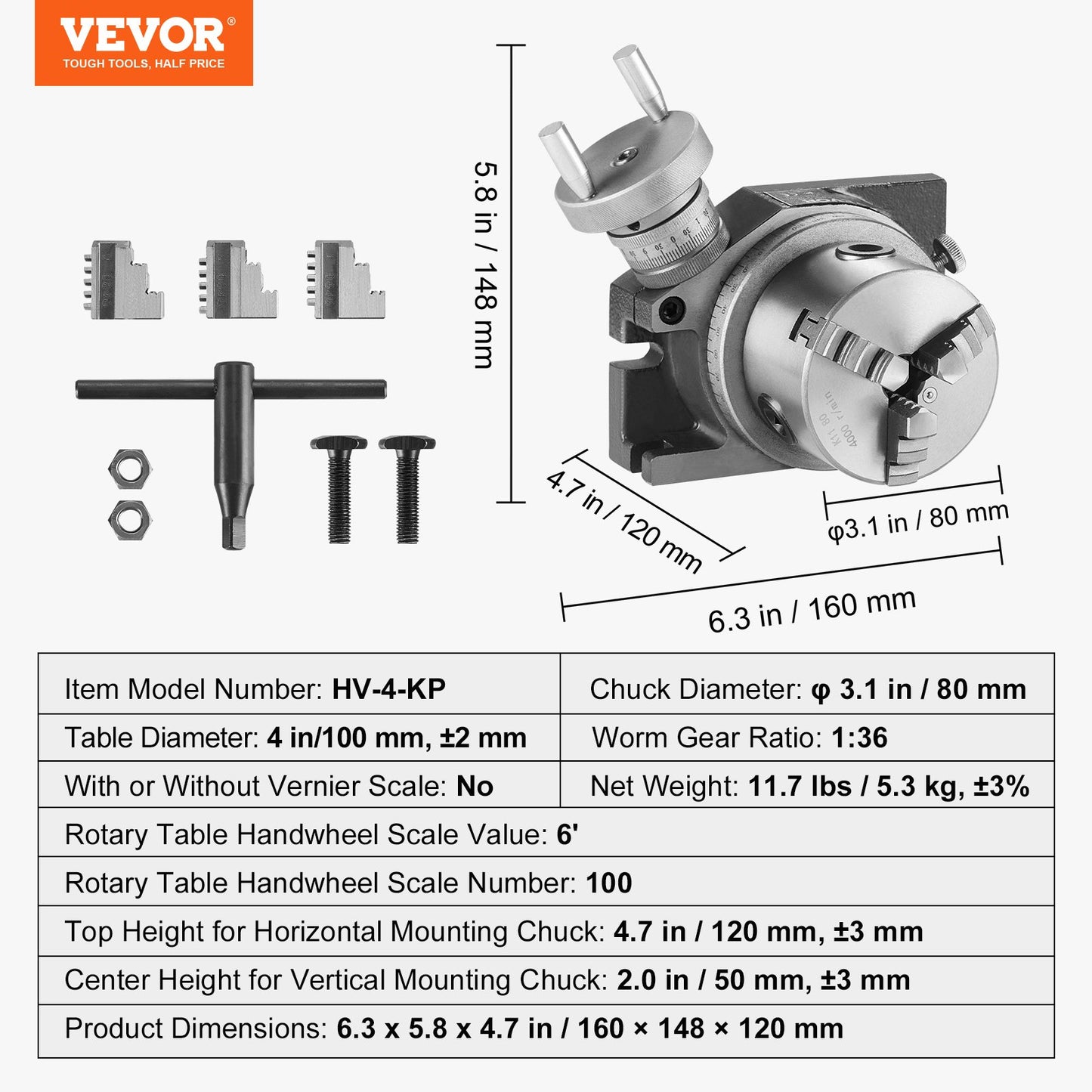 Rotary Table for Milling Machines, 100 mm, Horizontal Vertical Model Precision Milling Rotary Table, with 80 mm 3-Jaw Chuck M10 T-Bolts Nuts, for Milling Engineering Indexing Tools