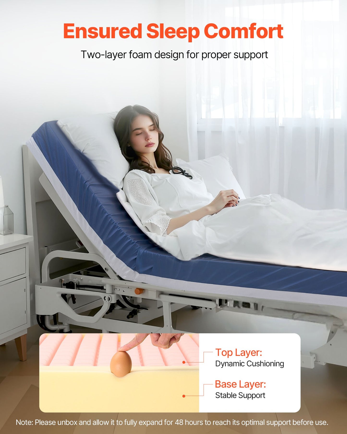 Hospital Bed Mattress, 227 kg Load, Long Term Care Pressure Redistribution Medical-Grade Dual Layer Foam Mattress, Waterproof for Bedsore Treatment Nursing Homes & Home Care, 914 x 2030 x 153 mm