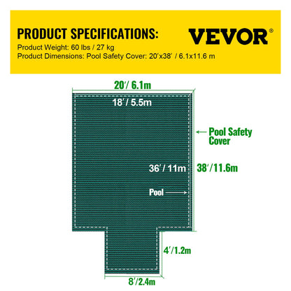 Poolskydd passar 18x36ft rektangulära markpooler, säkerhetspoolskydd med 4x10ft mittändsteg, massivt poolskydd i nät med dräneringshål för pool, vinterskydd, grönt