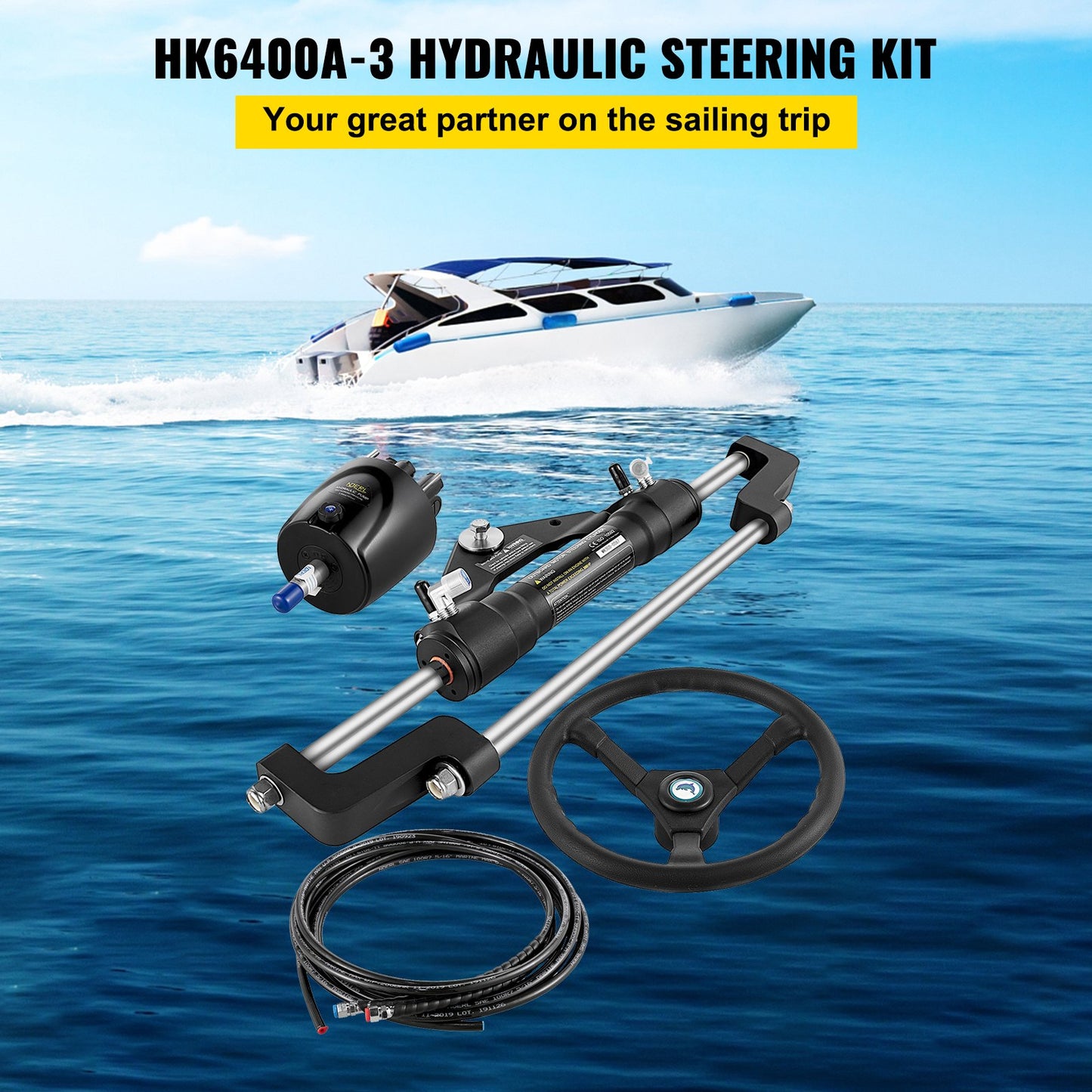 Hydraulic Boat Steering Kit, 300HP Hydraulic Steering Helm Pump, Aluminum Alloy Steering Cylinder, 13.5\" Steering Wheel with 10\" Hydraulic Steering Hose for Boat Steering System