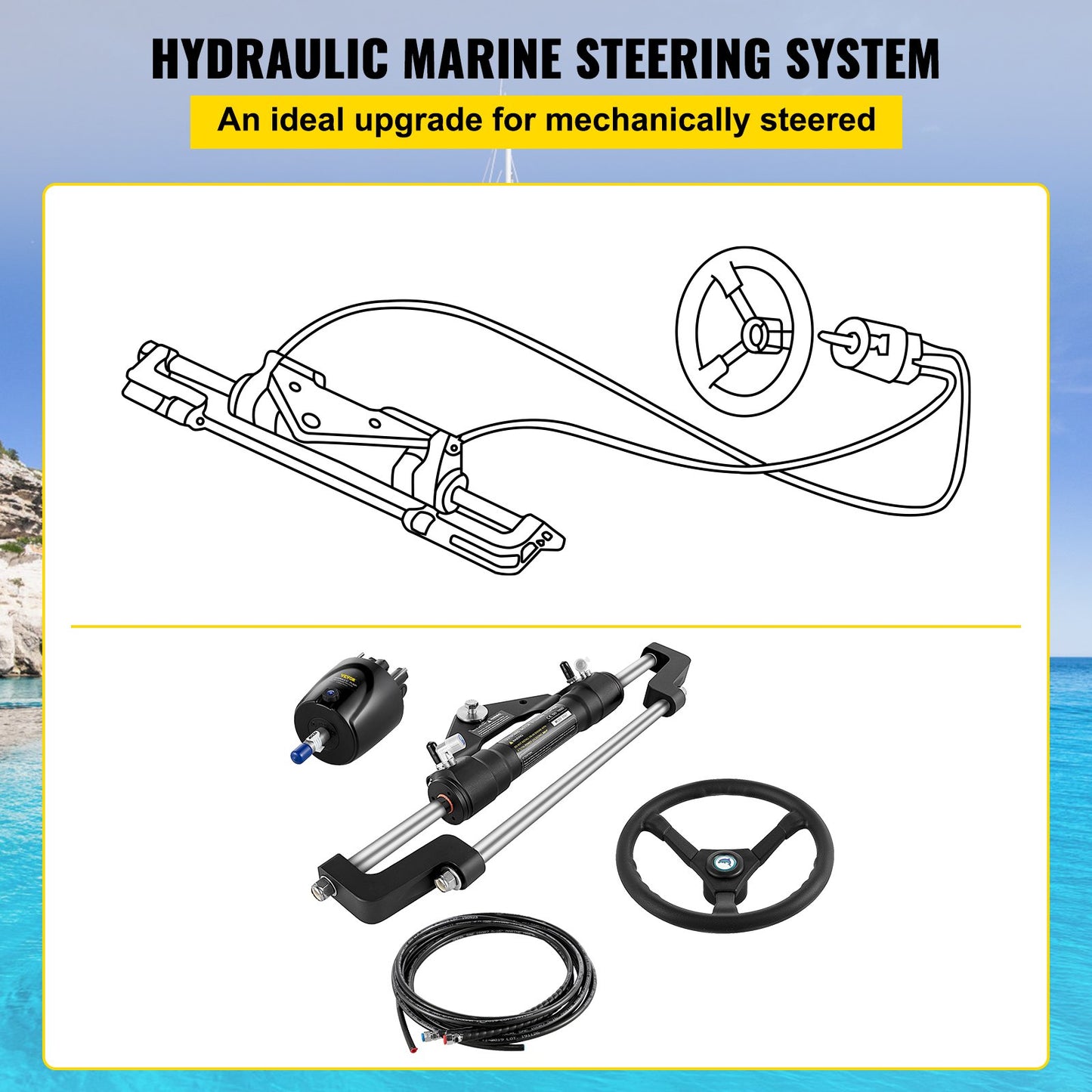 Hydraulic Boat Steering Kit, 300HP Hydraulic Steering Helm Pump, Aluminum Alloy Steering Cylinder, 13.5\" Steering Wheel with 10\" Hydraulic Steering Hose for Boat Steering System