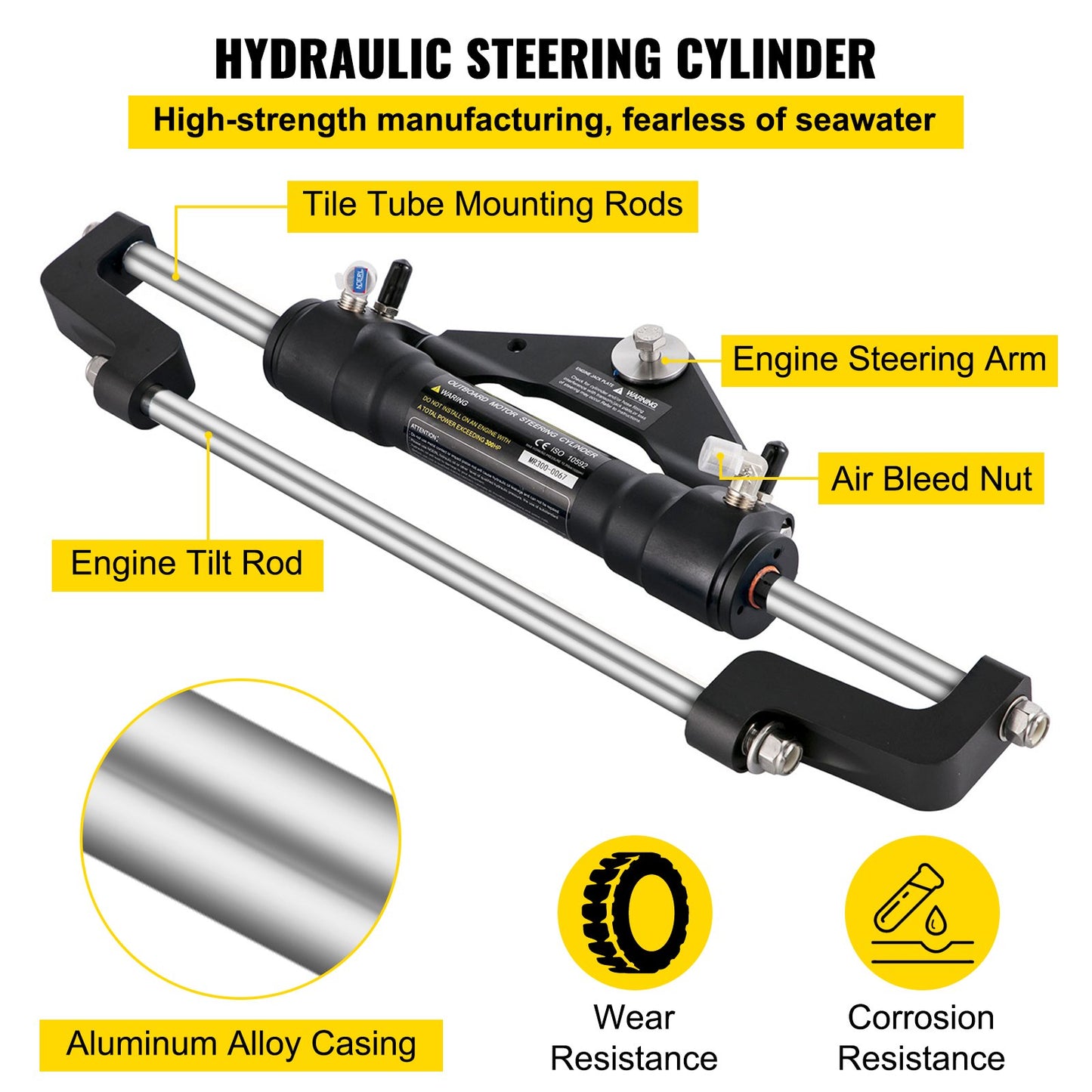 Hydraulic Boat Steering Kit, 300HP Hydraulic Steering Helm Pump, Aluminum Alloy Steering Cylinder, 13.5\" Steering Wheel with 10\" Hydraulic Steering Hose for Boat Steering System