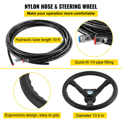 Hydraulic Boat Steering Kit, 300HP Hydraulic Steering Helm Pump, Aluminum Alloy Steering Cylinder, 13.5\" Steering Wheel with 10\" Hydraulic Steering Hose for Boat Steering System
