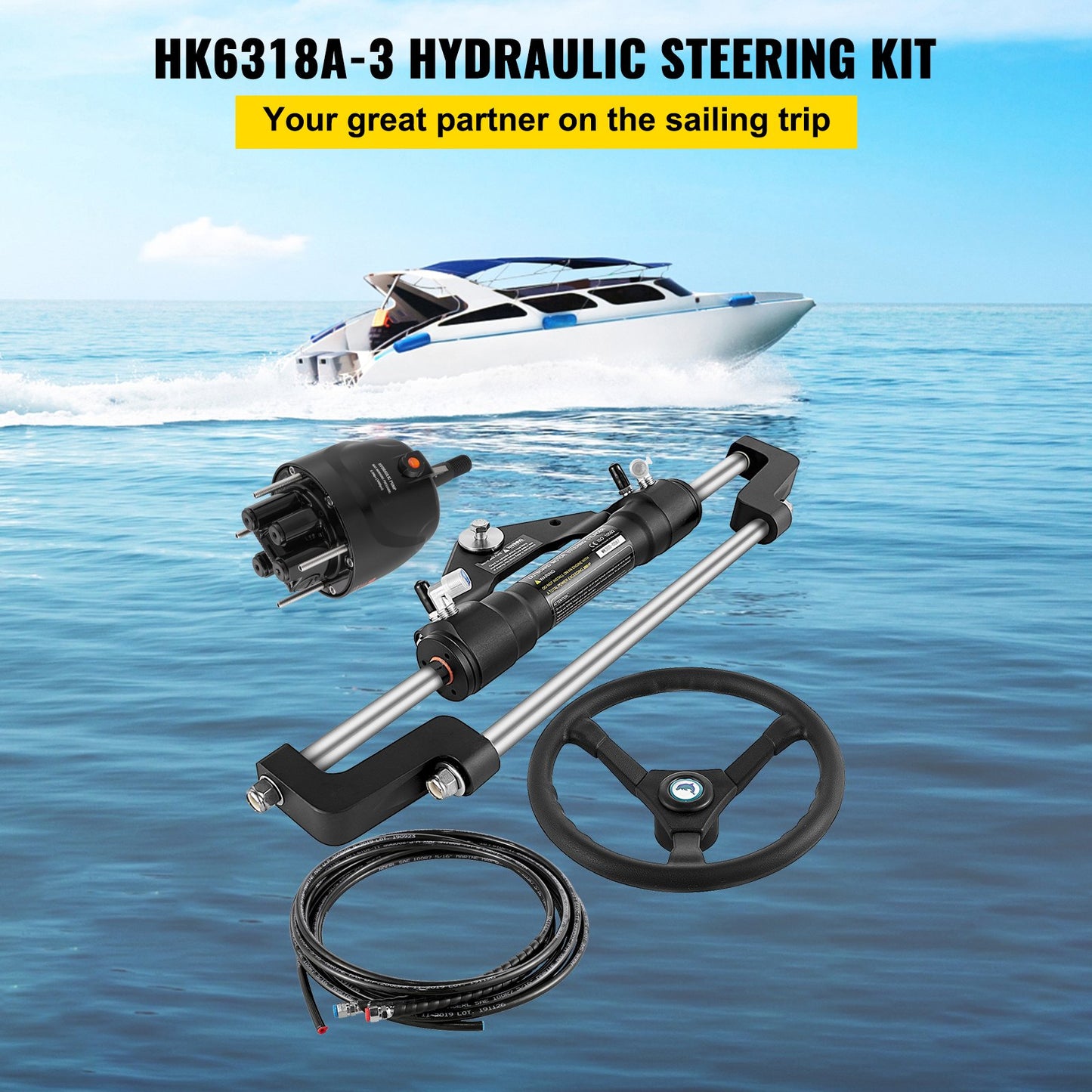 Hydraulic Boat Steering Kit, 300HP Hydraulic Steering Kit Helm Pump, Cylinder, Wheel, 18 Feet Hose Hydraulic Steering Seal Kit, Corrosion-Resistant Boat Steering System Marine Steering Kit