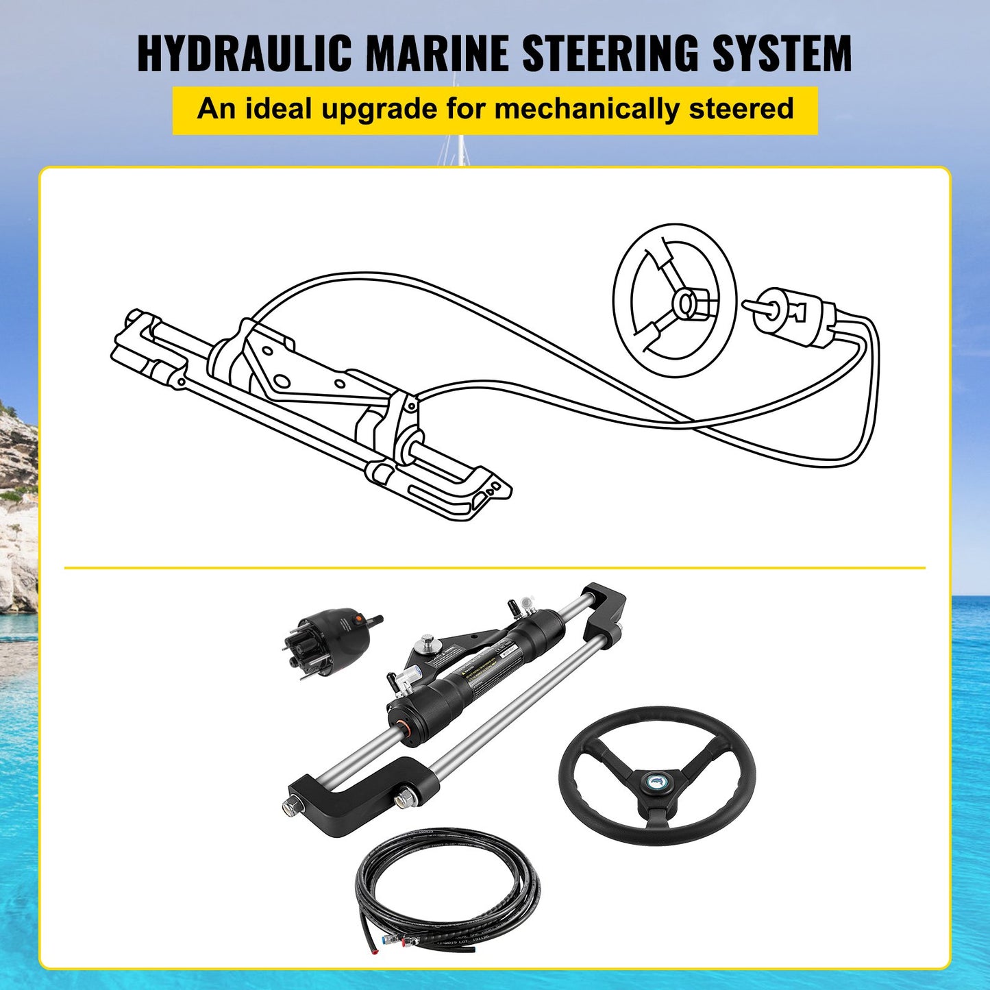 Hydraulic Boat Steering Kit, 300HP Hydraulic Steering Kit Helm Pump, Cylinder, Wheel, 18 Feet Hose Hydraulic Steering Seal Kit, Corrosion-Resistant Boat Steering System Marine Steering Kit