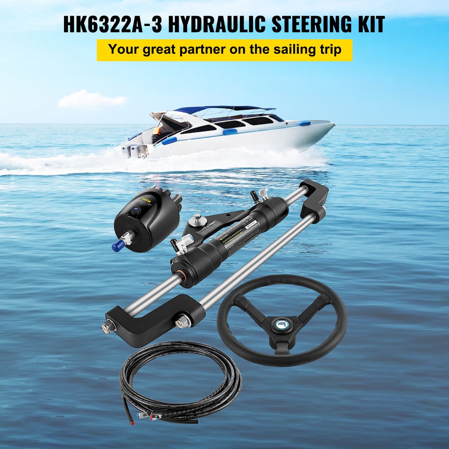Hydraulic Outboard Steering Kit 300HP, Hydraulic Steering Kit Helm Pump,Hydraulic Boat Steering Kit with 22 Feet Hydraulic Steering Hose for Boat Steering System
