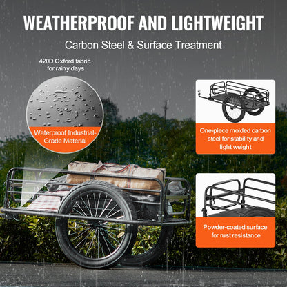 Cykelkärra, lastkapacitet 124,7 kg, kraftig cykelkärra, hopfällbar kompakt förvaring och snabbkoppling med universalkoppling, 50,8 cm hjul, passar de flesta cykelhjul, ram i kolstål
