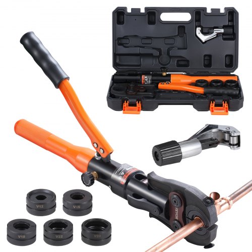 Copper Tube Fittings Hydraulic Pipe Crimping Tool, Pressing Plier with V12, V15, V18, V22, V28 Quick Change Jaws, 360° Rotatable Press Kit for Confined Spaces Tee Fittings Hydraulically Driven