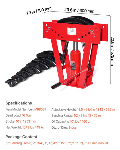 Hydraulic Pipe Bender, 16 Ton Manual Copper Exhaust Pipe Bending Machine with 8 Dies (1/2" - 3") and 90 - 180° Adjustable Rollers, Heavy-Duty Pipe Tube Bender for Piping Railing Construction