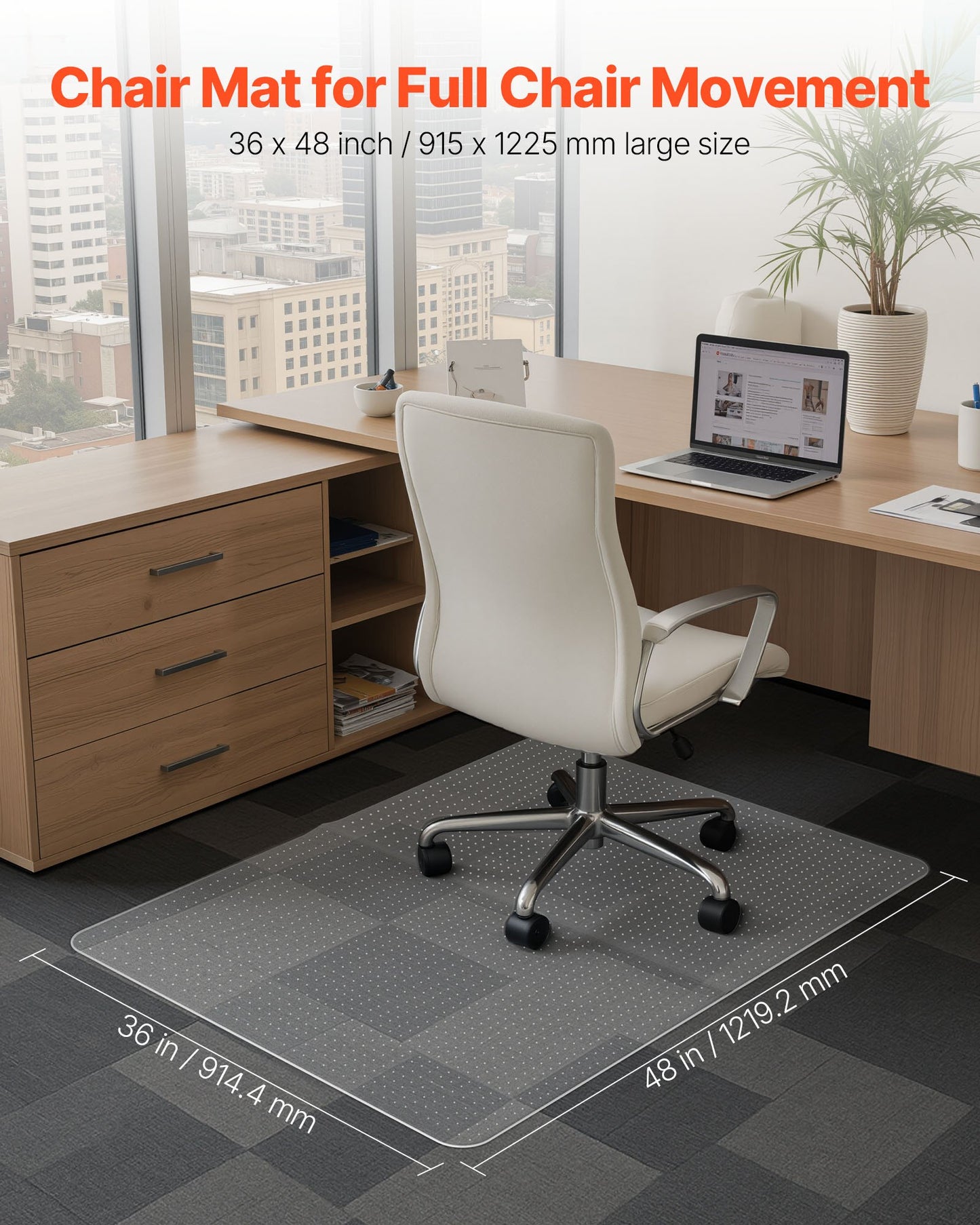 Chair Mat, 915 x 1225 mm Office Chair Mat for Carpeted Floors, Plastic Floor Protector Rug with Studded, Non-Slip & Easy to Clean, Smooth Glide Under Desk Rug for Home Office (Rectangular)
