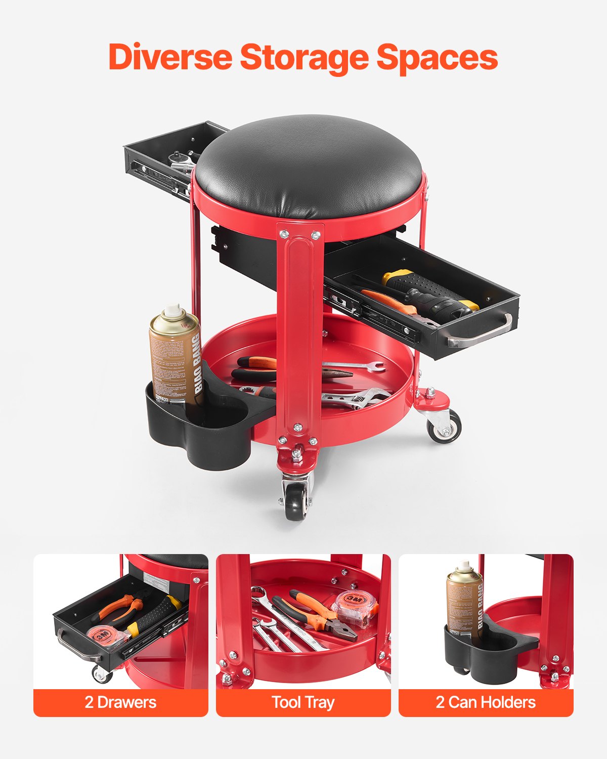Rullande mekanikerpall med hjul, 136 kg kapacitet, garagestol/arbetspall, vadderad rullstol med fast höjd, verktygslåda och 2 lådor, för garage, verkstad och bilreparationer, röd+svart