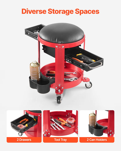 Rullande mekanikerpall med hjul, 136 kg kapacitet, garagestol/arbetspall, vadderad rullstol med fast höjd, verktygslåda och 2 lådor, för garage, verkstad och bilreparationer, röd+svart