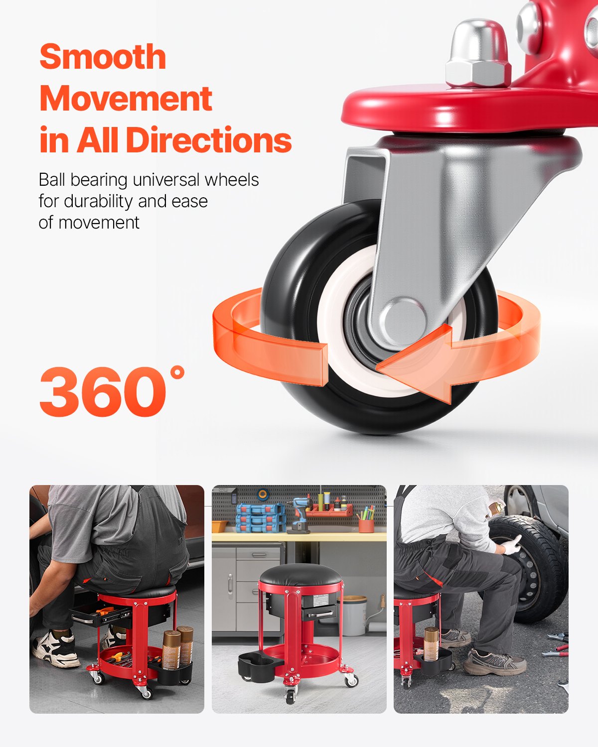 Rullande mekanikerpall med hjul, 136 kg kapacitet, garagestol/arbetspall, vadderad rullstol med fast höjd, verktygslåda och 2 lådor, för garage, verkstad och bilreparationer, röd+svart