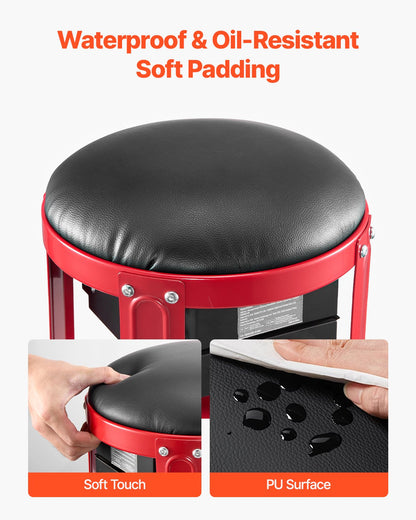 Rullande mekanikerpall med hjul, 136 kg kapacitet, garagestol/arbetspall, vadderad rullstol med fast höjd, verktygslåda och 2 lådor, för garage, verkstad och bilreparationer, röd+svart