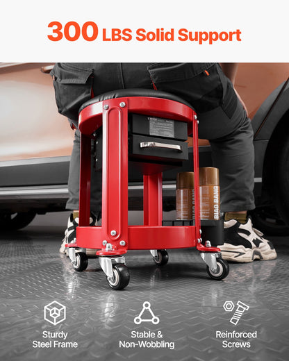 Rullande mekanikerpall med hjul, 136 kg kapacitet, garagestol/arbetspall, vadderad rullstol med fast höjd, verktygslåda och 2 lådor, för garage, verkstad och bilreparationer, röd+svart