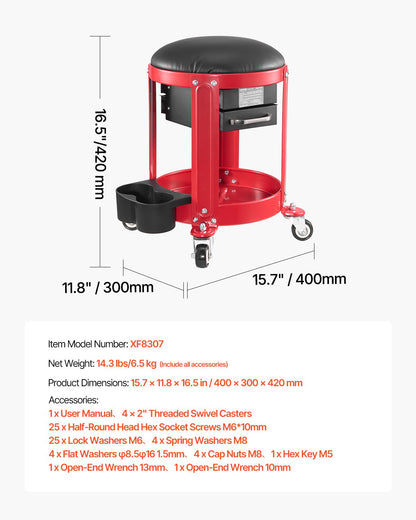 Rullande mekanikerpall med hjul, 136 kg kapacitet, garagestol/arbetspall, vadderad rullstol med fast höjd, verktygslåda och 2 lådor, för garage, verkstad och bilreparationer, röd+svart