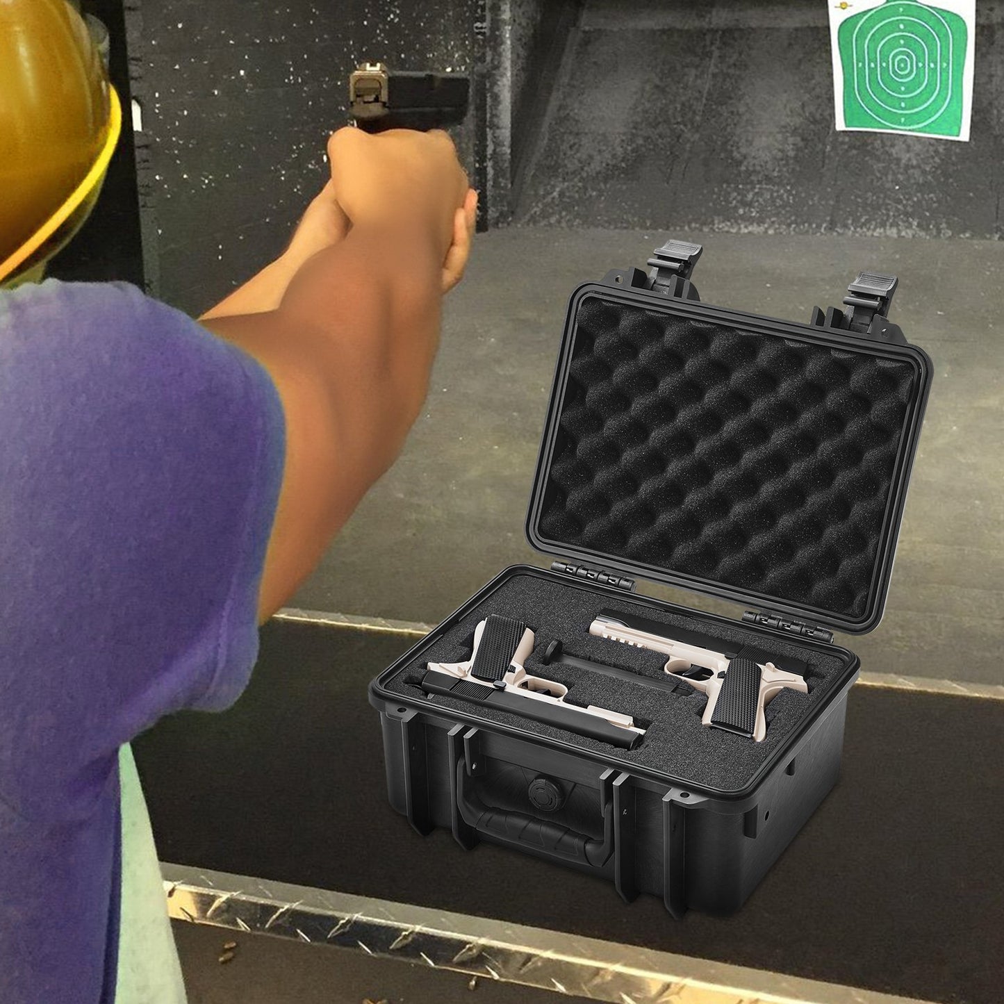 Hard Pistol Cases with Pre-cut PU Foam, Waterproof & Dustproof Hard Gun Case for 2 Pistol, 14.1×11.5×7.6 in Lockable Pistol Case, Black