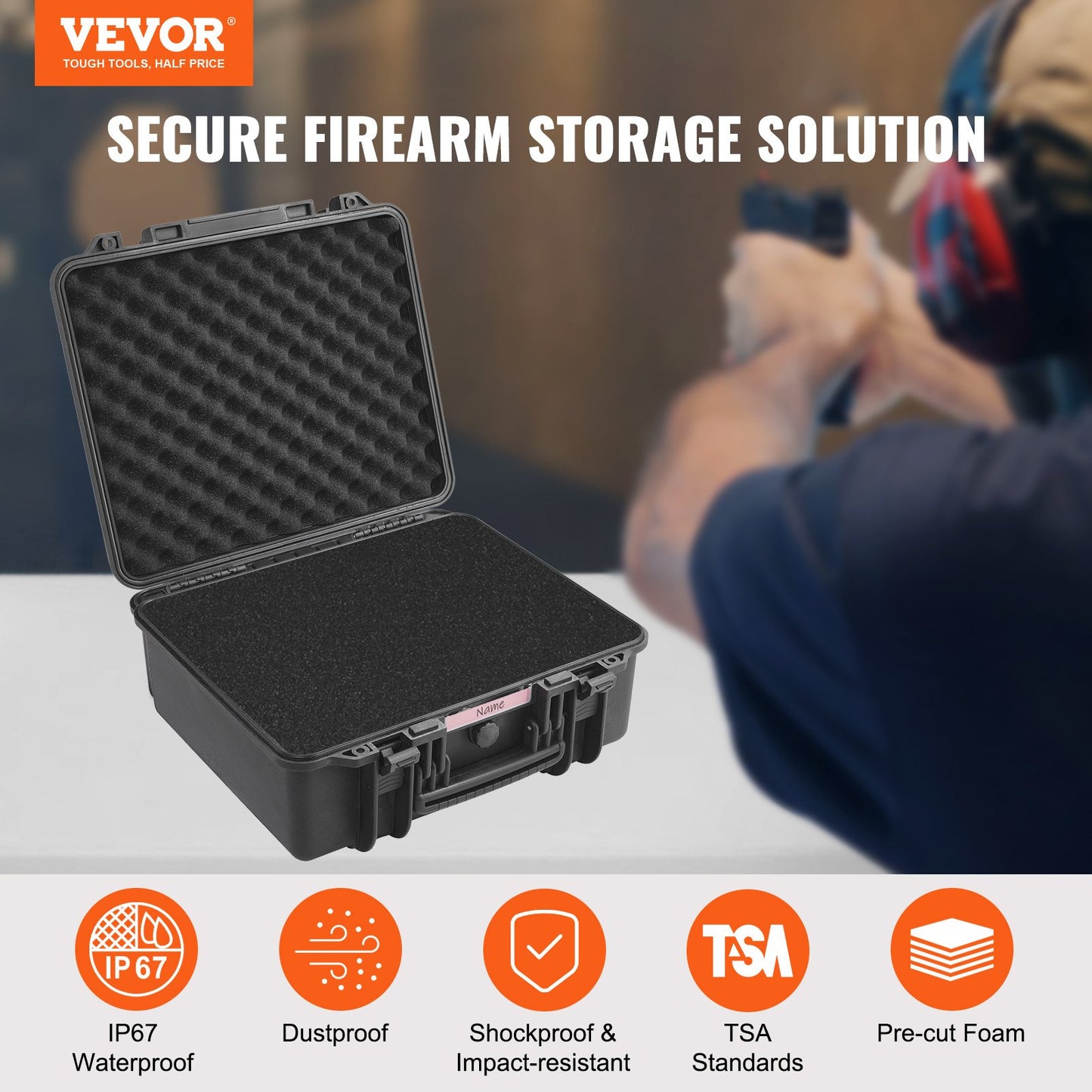 Hårda pistolfodral med förskuret PU-skum, vattentät och dammtät hård pistolfodral för 6 pistoler, 19,3×17,1×8,3 tum låsbar pistolfodral, svart