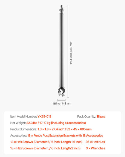 Chain Link Fence Extensions, 18 Packs 695 mm Extension Height, Galvanized Post Extender for 32 to 38 mm Top of Fence, U Bracket, Barbed Wire Extend Arm for Privacy, Prevent Dogs Jumping Out