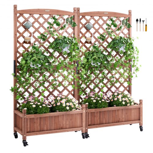 2PCS Raised Garden Bed with Trellis, 152.4 x 33 x 156 cm Outdoor Raised Wood Planters with Drainage Holes, Free-Standing Trellis Planter Box for Vine Climbing Plants Flowers in Garden, Patio, Balcony