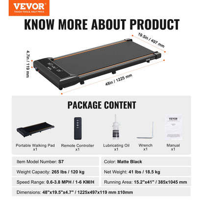 Gångmatta, löpband för under skrivbordet för hemmakontor, fungerande joggingmaskin, 115 kg kapacitet 2,5 hk bärbar lättviktig gångmatta, med fjärrkontroll och LED-display