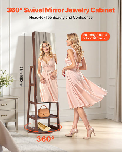 360° Swivel Jewelry Cabinet, 1550 mm Tall, Full-Length Mirror with Storage, Standing Rotatable Jewelry Armoire Organizer, Lockable Door with 2 Keys, Accessory Pouches, and Storage Shelves