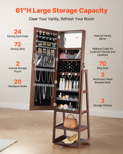 360° Swivel Jewelry Cabinet, 1550 mm Tall, Full-Length Mirror with Storage, Standing Rotatable Jewelry Armoire Organizer, Lockable Door with 2 Keys, Accessory Pouches, and Storage Shelves