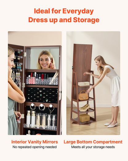 360° Swivel Jewelry Cabinet, 1550 mm Tall, Full-Length Mirror with Storage, Standing Rotatable Jewelry Armoire Organizer, Lockable Door with 2 Keys, Accessory Pouches, and Storage Shelves
