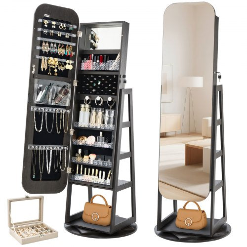 360° Swivel Jewelry Cabinet, 1600 mm Tall, Full-Length Mirror with Storage, Standing Rotatable Jewelry Armoire Organizer, Lockable Door with 2 Keys, Accessory Pouches, and Storage Shelves