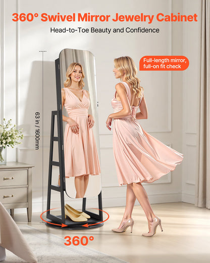 360° vridbart smyckesskåp, 1600 mm högt, helfigursspegel med förvaring, stående roterbar smyckesskåp, låsbar dörr med 2 nycklar, tillbehörsfickor och förvaringshyllor