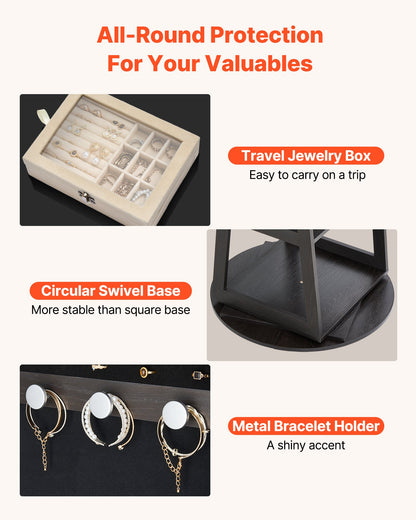 360° vridbart smyckesskåp, 1600 mm högt, helfigursspegel med förvaring, stående roterbar smyckesskåp, låsbar dörr med 2 nycklar, tillbehörsfickor och förvaringshyllor