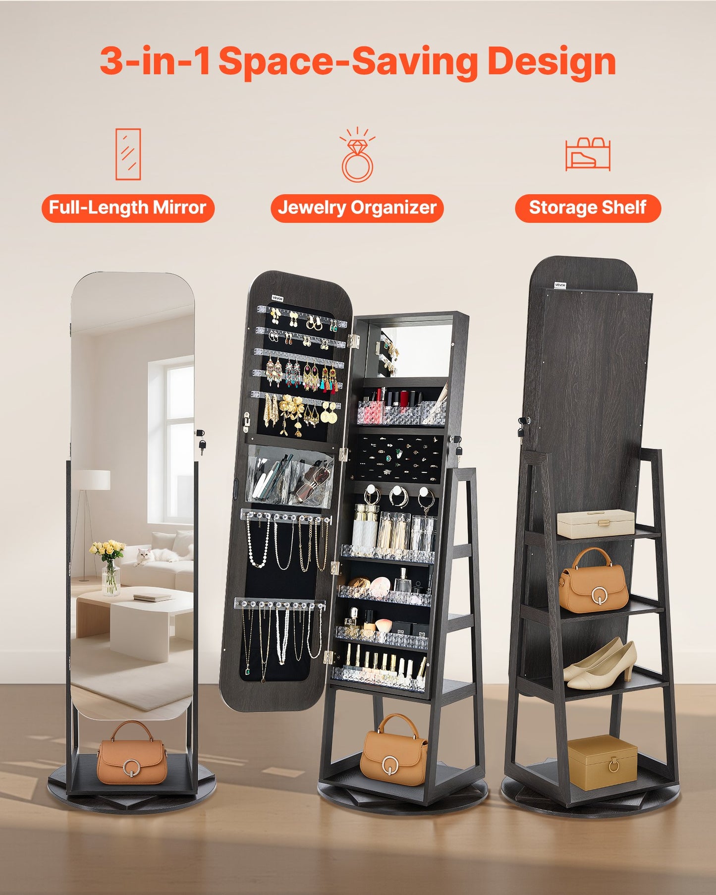 360° vridbart smyckesskåp, 1600 mm högt, helfigursspegel med förvaring, stående roterbar smyckesskåp, låsbar dörr med 2 nycklar, tillbehörsfickor och förvaringshyllor