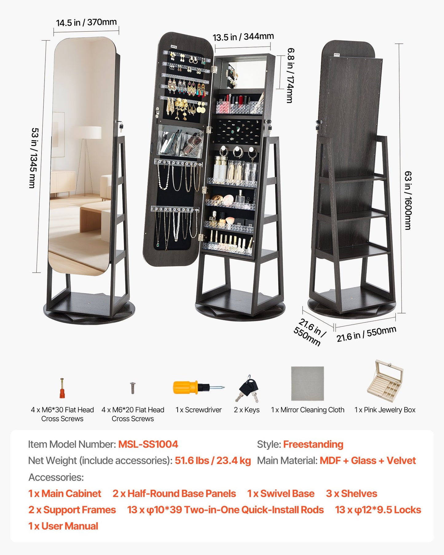 360° vridbart smyckesskåp, 1600 mm högt, helfigursspegel med förvaring, stående roterbar smyckesskåp, låsbar dörr med 2 nycklar, tillbehörsfickor och förvaringshyllor