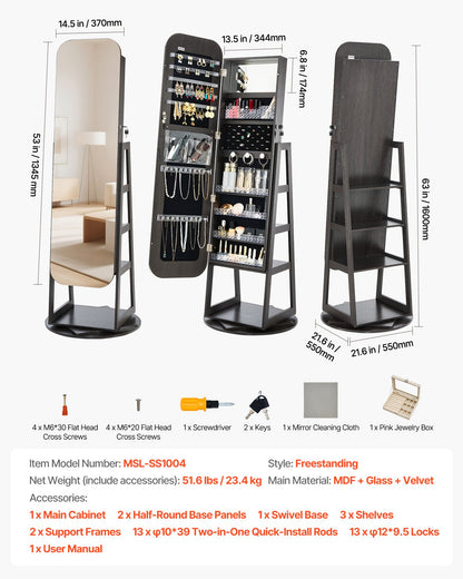 360° vridbart smyckesskåp, 1600 mm högt, helfigursspegel med förvaring, stående roterbar smyckesskåp, låsbar dörr med 2 nycklar, tillbehörsfickor och förvaringshyllor