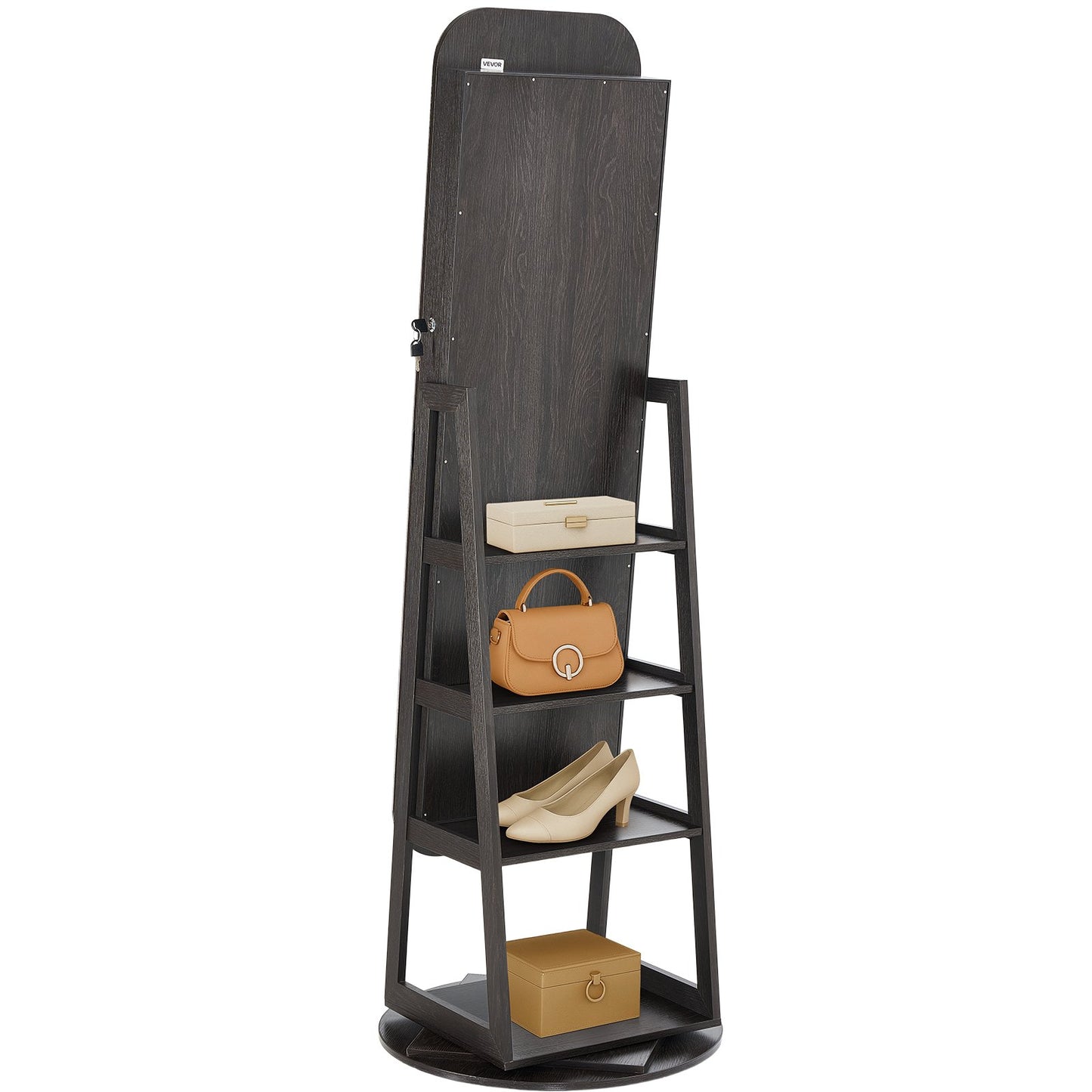 360° vridbart smyckesskåp, 1600 mm högt, helfigursspegel med förvaring, stående roterbar smyckesskåp, låsbar dörr med 2 nycklar, tillbehörsfickor och förvaringshyllor