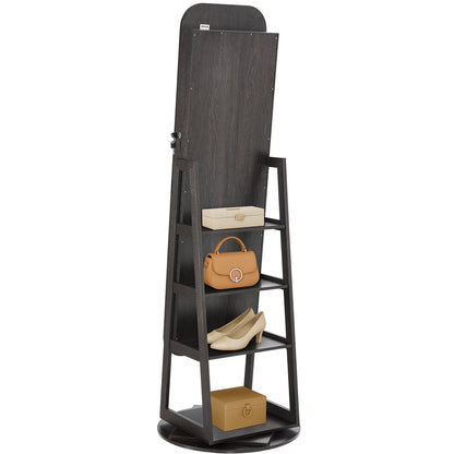 360° vridbart smyckesskåp, 1600 mm högt, helfigursspegel med förvaring, stående roterbar smyckesskåp, låsbar dörr med 2 nycklar, tillbehörsfickor och förvaringshyllor