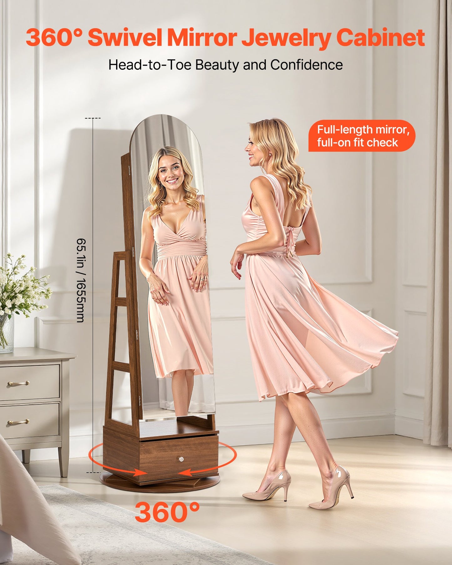 360° vridbart smyckesskåp, 1655 mm högt, helfigursspegel med förvaring, stående roterbar smyckesskåp, låsbar med 2 nycklar, tillbehörsfickor, förvaringshyllor och låda