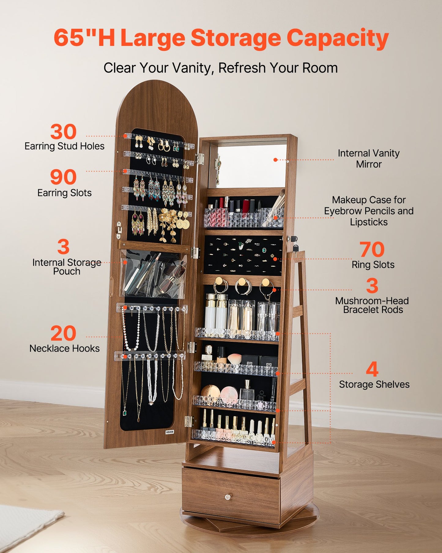 360° vridbart smyckesskåp, 1655 mm högt, helfigursspegel med förvaring, stående roterbar smyckesskåp, låsbar med 2 nycklar, tillbehörsfickor, förvaringshyllor och låda