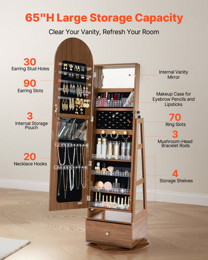 360° vridbart smyckesskåp, 1655 mm högt, helfigursspegel med förvaring, stående roterbar smyckesskåp, låsbar med 2 nycklar, tillbehörsfickor, förvaringshyllor och låda