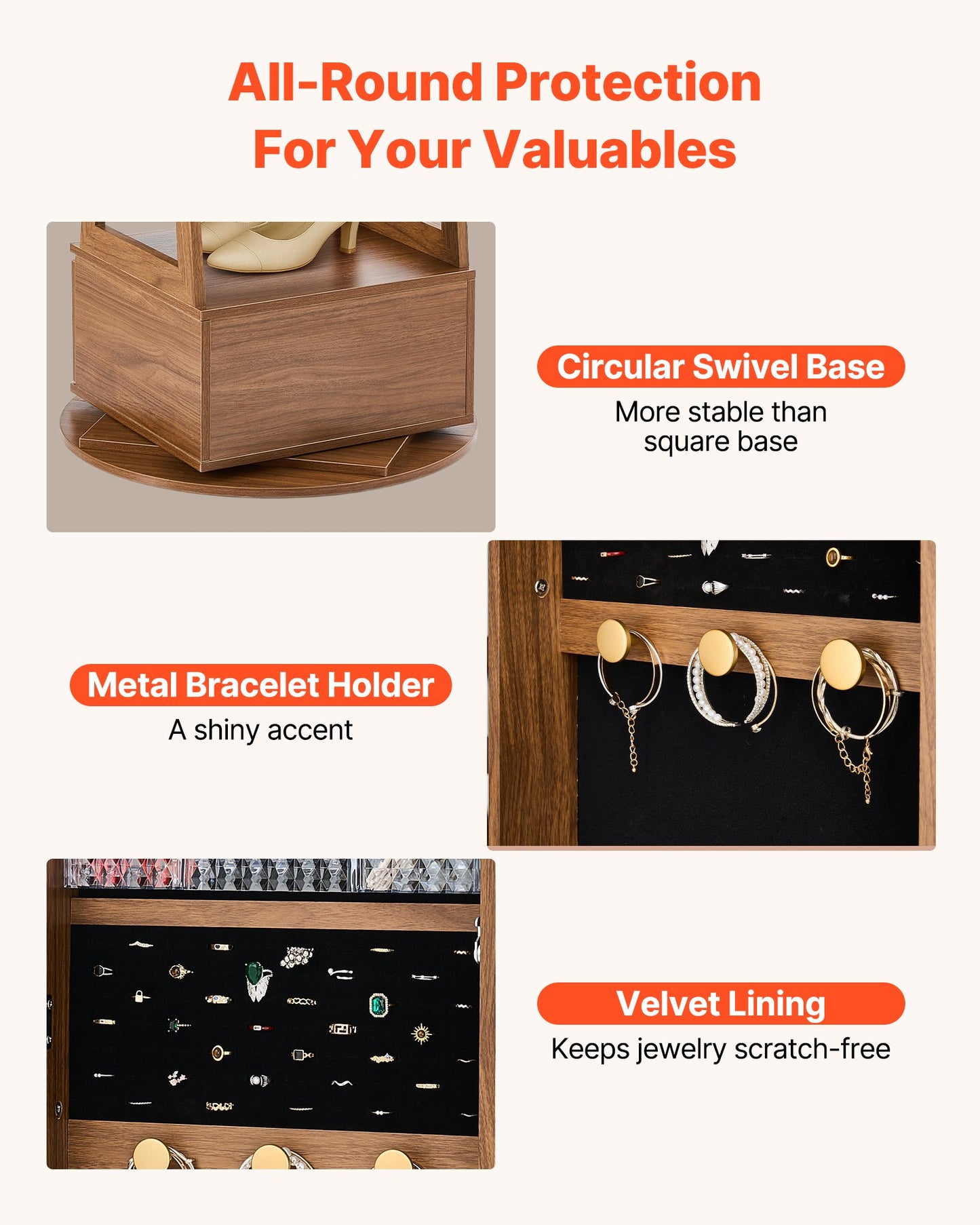 360° vridbart smyckesskåp, 1655 mm högt, helfigursspegel med förvaring, stående roterbar smyckesskåp, låsbar med 2 nycklar, tillbehörsfickor, förvaringshyllor och låda