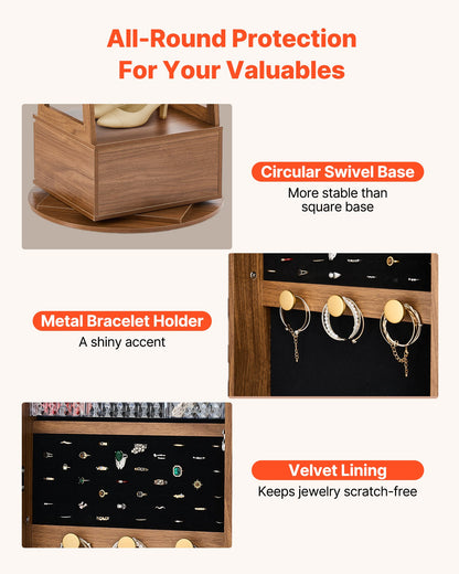 360° vridbart smyckesskåp, 1655 mm högt, helfigursspegel med förvaring, stående roterbar smyckesskåp, låsbar med 2 nycklar, tillbehörsfickor, förvaringshyllor och låda