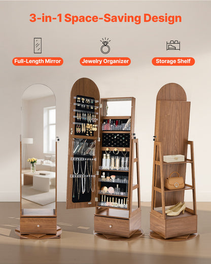 360° vridbart smyckesskåp, 1655 mm högt, helfigursspegel med förvaring, stående roterbar smyckesskåp, låsbar med 2 nycklar, tillbehörsfickor, förvaringshyllor och låda