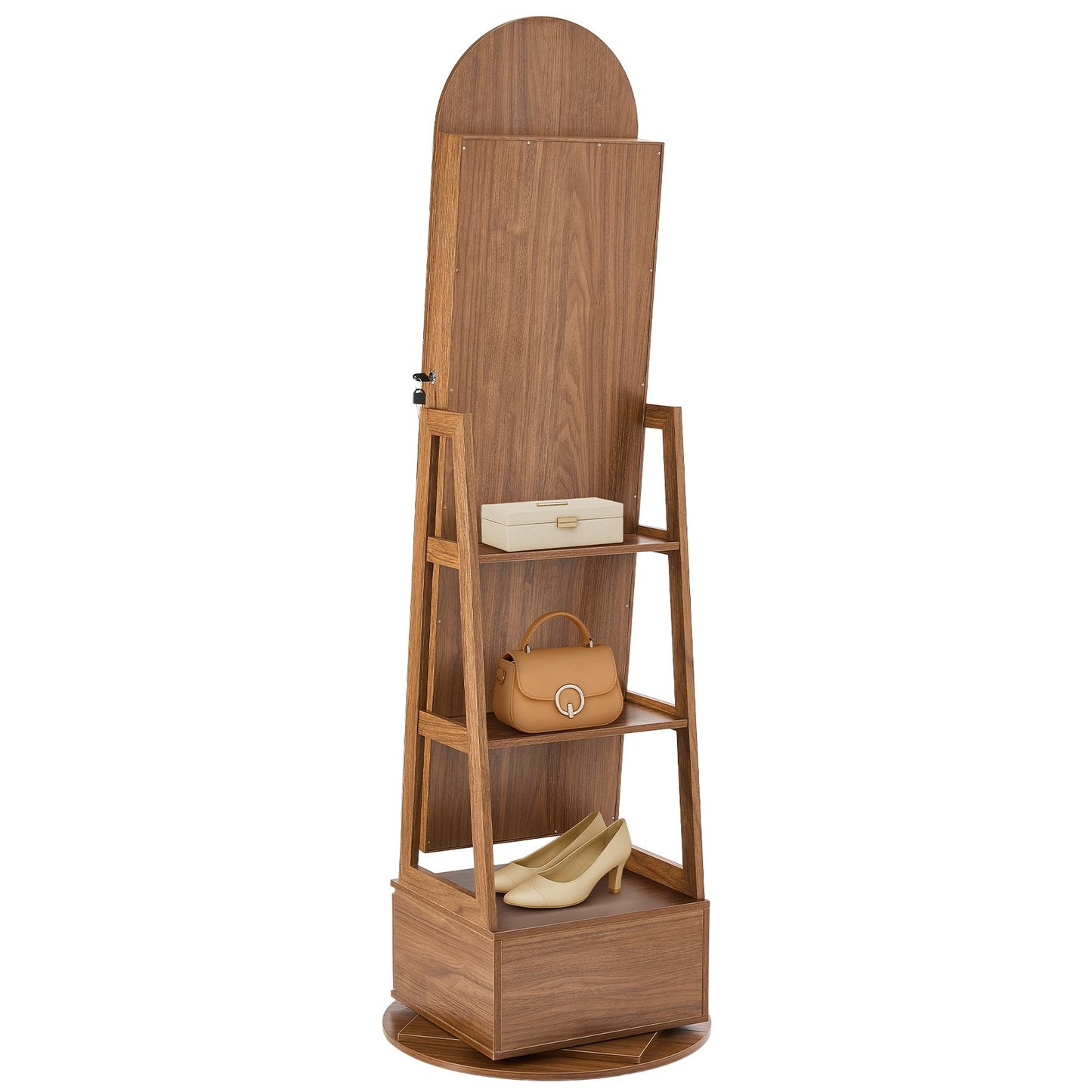 360° vridbart smyckesskåp, 1655 mm högt, helfigursspegel med förvaring, stående roterbar smyckesskåp, låsbar med 2 nycklar, tillbehörsfickor, förvaringshyllor och låda