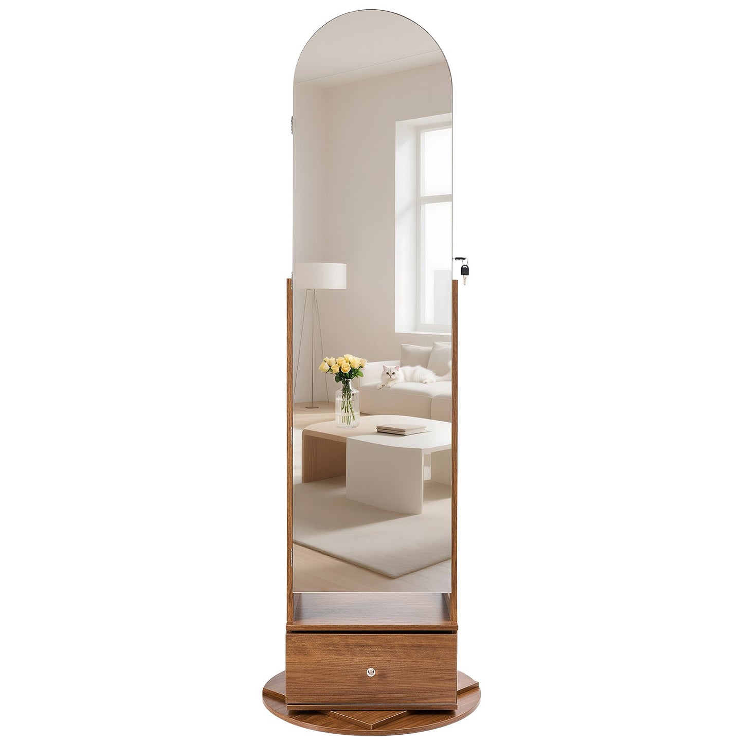 360° vridbart smyckesskåp, 1655 mm högt, helfigursspegel med förvaring, stående roterbar smyckesskåp, låsbar med 2 nycklar, tillbehörsfickor, förvaringshyllor och låda