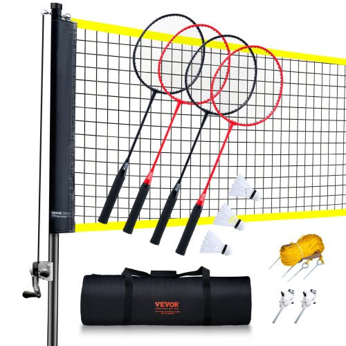 Badmintonnätset, badmintonnät för utomhusbruk, strandpark, bärbart badmintonutrustningsset, badmintonnät för vuxna och barn med stänger, bärväska, 4 järnracketar och 3 nylonbadmintonbollar