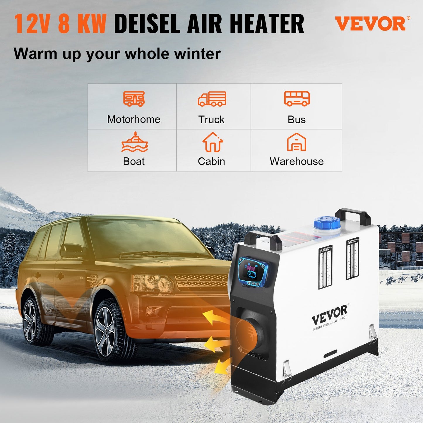 Orange Diesel Air Heater, 8KW Parking Heater, All in 1, 12V Truck Heater, One Air Outlet, with Red LCD Switch, Remote Control, Fast Heating Diesel Heater, For Car, RV Truck, Boat, Campervans, Caravans