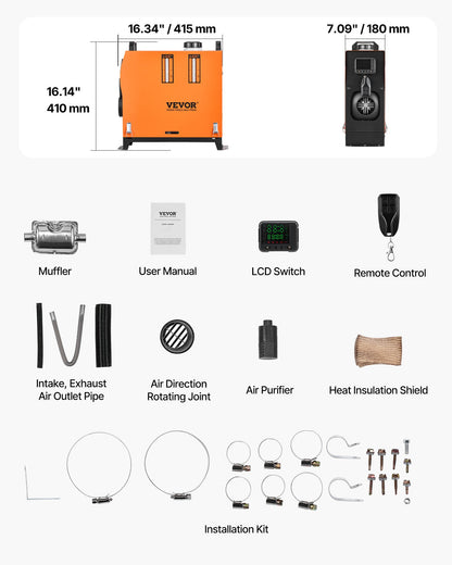 Dieselluftvärmare, 12-24V 8KW, Snabbvärmande Dieselparkeringsvärmare med fjärrkontroll och digital färgdisplay, Låg ljudnivå, Röstmeddelande, För Husbil, Lastbil, Husbil, Skåpbil, Båt och Släpvagn