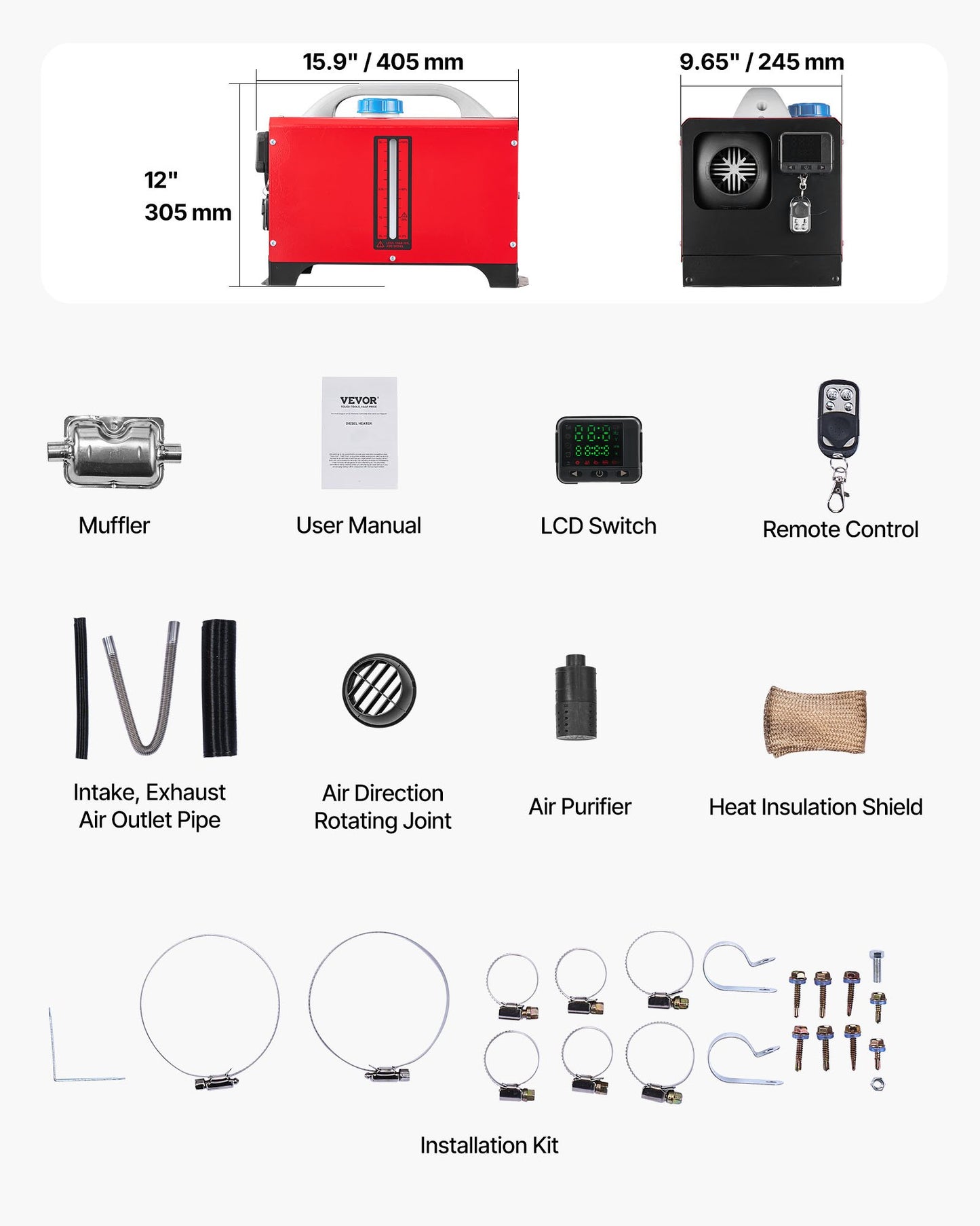 Dieselluftvärmare, 12-24V 8KW, Snabbvärmande dieselparkeringsvärmare med fjärrkontroll och svart LCD-brytare, Låg ljudnivå, Förvärmningsfunktion, för husbil, lastbil, husbil, skåpbil, båt och släpvagn