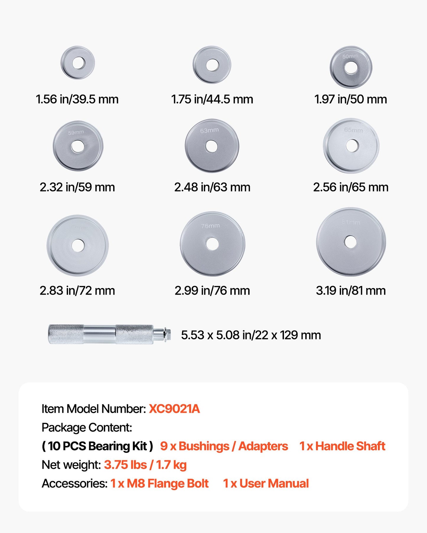 Bearing Press Kit, 10 Pcs, Bearing Race and Seal Driver Set with 9 Bushings and Handle Shaft, Bushing Driver Tool Set, Heavy Duty Aluminum Alloy Removal Installation Tool Kit with Storage Case