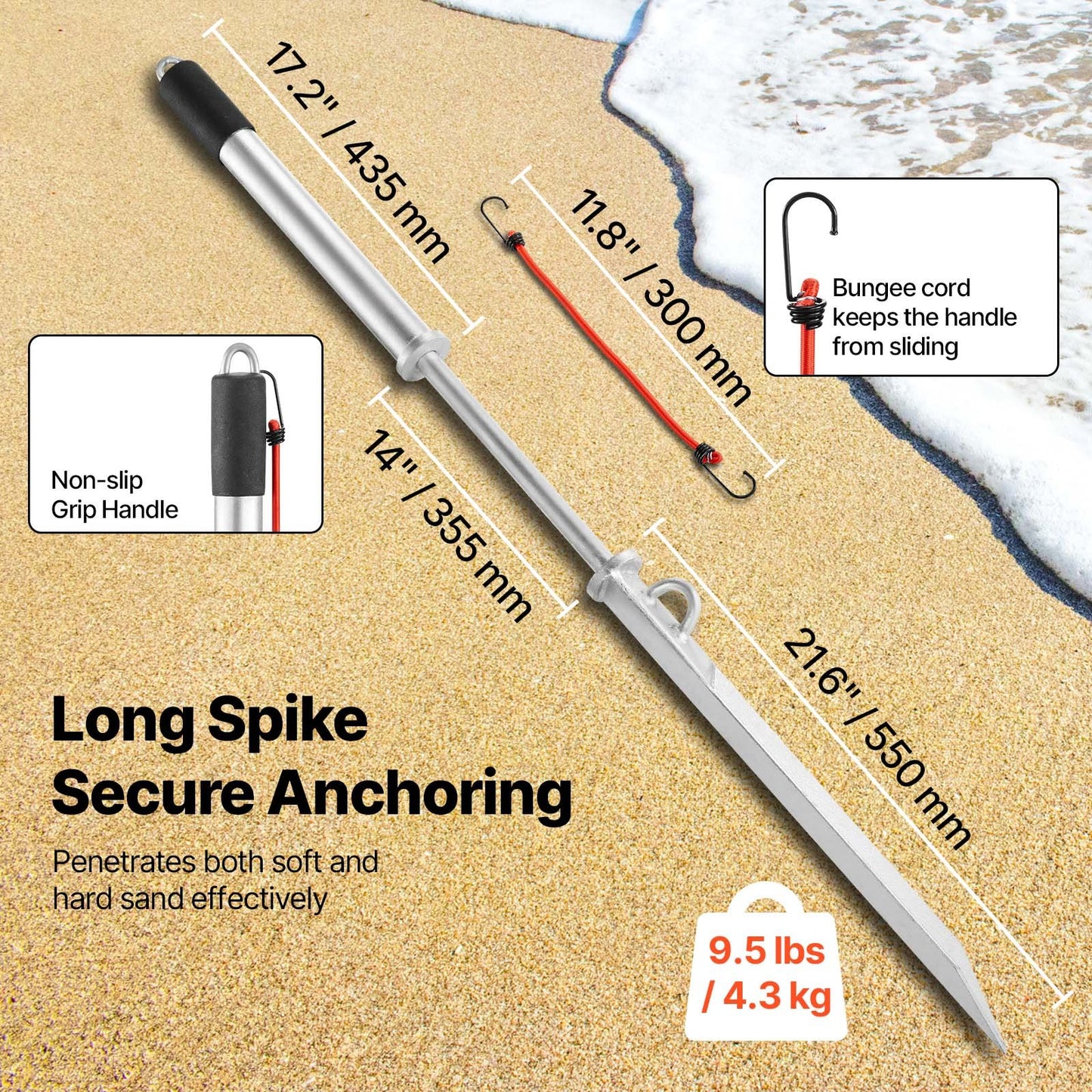 Sand Spike Boat Anchor, 90 cm Slide Anchor Shore Spike, Galvanized Carbon Steel Boat Shore Anchors, Shallow Water Beach Anchors, for Securing Jet Ski PWC Pontoon Kayak on Beaches & Sandbars